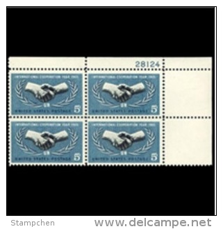 Plate Block -1965 USA International Cooperation Year Stamp Sc#1266 ICY UN Hand - Numéros De Planches