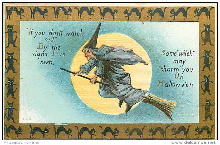 236559-Halloween, Robbins No 142b-4, Witch In Dark Blue Riding On A Broom, Embossed Litho - Halloween