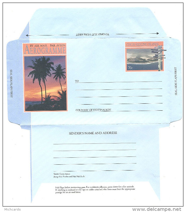COCOS (Keeling) ISLANDS - Aerogramme Postage 70 C - Palmier Couche Soleil  - Entier Postal Neuf ** MNH - Cocos (Keeling) Islands