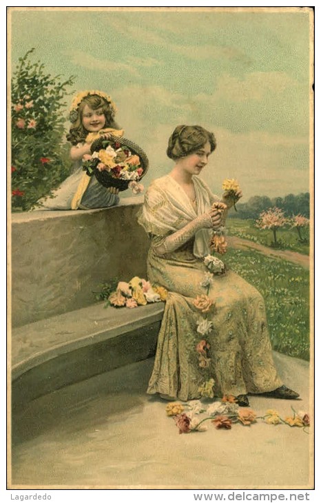 FEMME ET FILLETTE AVEC FLEURS SERIE 1520 MEISSNER - 1900-1949