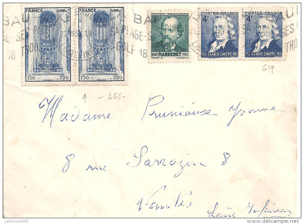 N°666 X 2 - 545 - 919  Sur Lettre De LA BAULE De 1949 - 1921-1960: Modern Period