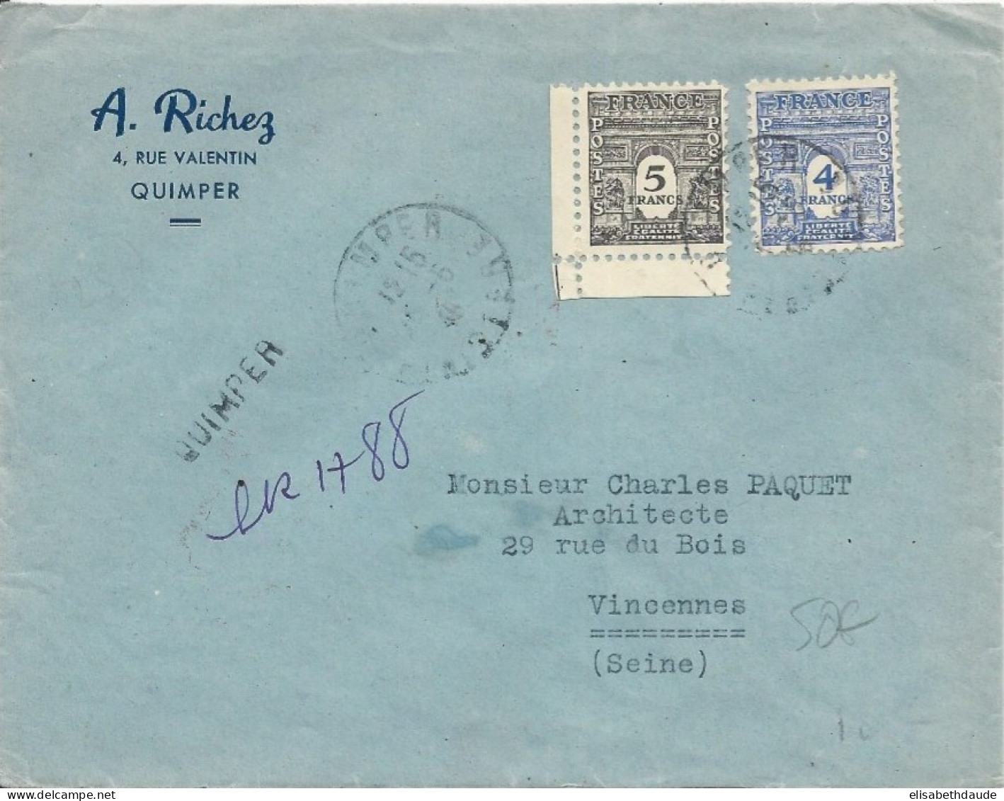 1946 - FINISTERE - ENVELOPPE RECOMMANDEE PROVISOIRE De QUIMPER Pour VINCENNES - ARC DE TRIOMPHE (RARE) - 1944-45 Arc De Triomphe