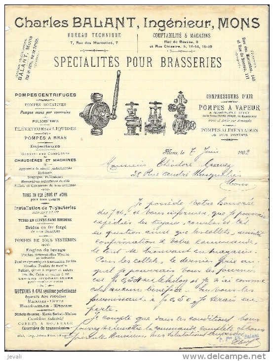 MONS  Charles BALANT Spécialiste Pour Brasserie , Pompes , Compresseurs  1902 - Sonstige & Ohne Zuordnung