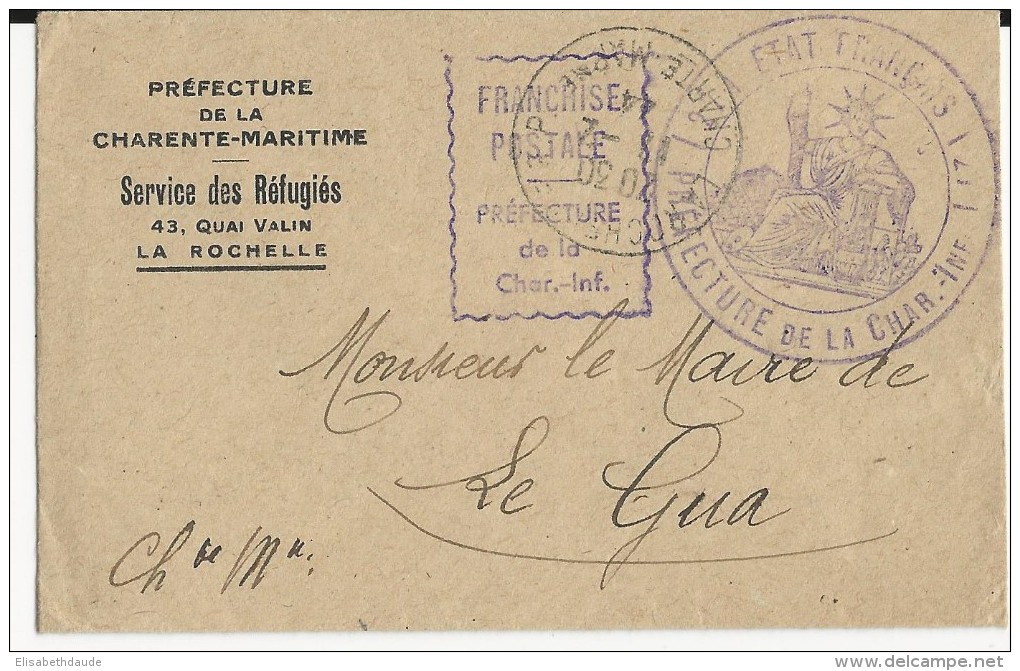 1944 - ENVELOPPE En FRANCHISE Du SERVICE DES REFUGIES à LA ROCHELLE Pour LE GUA (CHARENTE MME) - Guerre De 1939-45