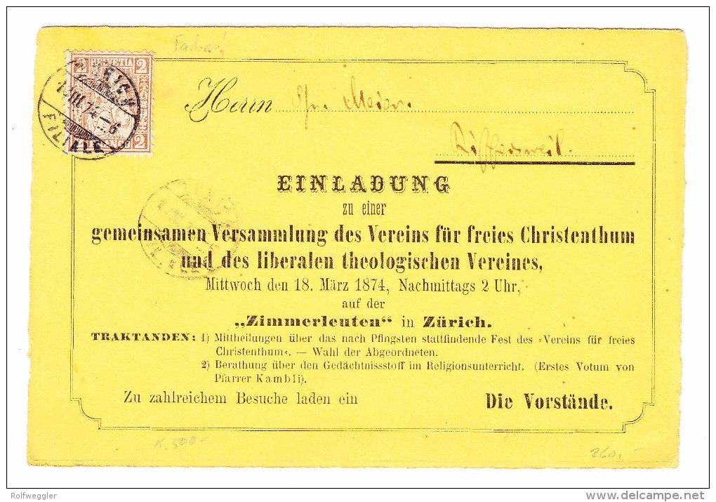 Schweiz 2Rp Sitzende #37a Hellrotbraun EF 13.31874 Zürich Auf  Vereins Einladung Karte - Brieven En Documenten