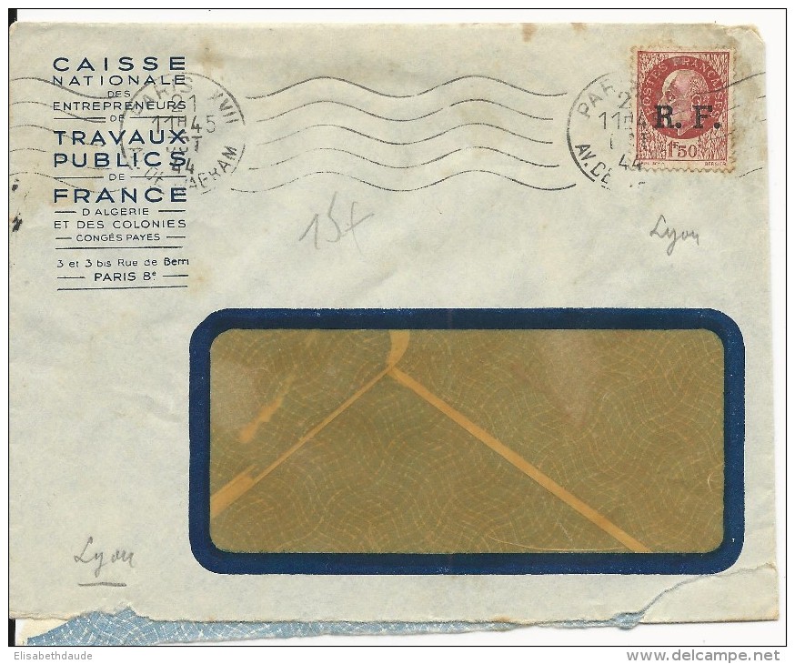 1944 - TIMBRE PETAIN SURCHARGE RF Sur ENVELOPPE COMMERCIALE De PARIS - Liberation