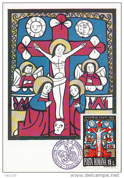 JESUS' CRUCIFICTION ICON, EASTER, CM, MAXICARD, CARTES MAXIMUM, OBLT FDC, 1993, ROMANIA - Cristianesimo