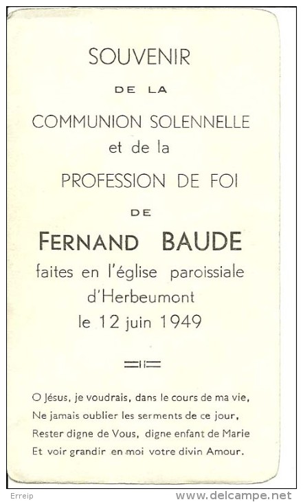 Herbeumont Fernande Baude Communion Solennelle 12 Juin 1949 - Herbeumont