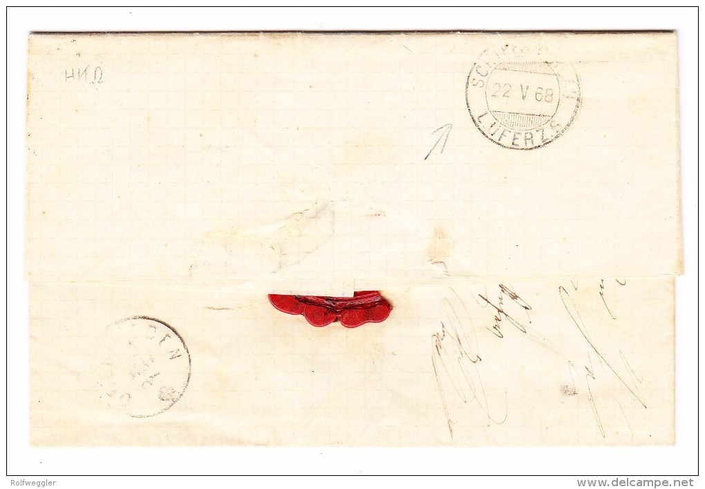 Schweiz 20Rp. Sitzende 22.5.1868 Zürich Chargé Brief Nach Oberrieden Mit Schiff Stempel L.Ufer.Z.S. - Briefe U. Dokumente