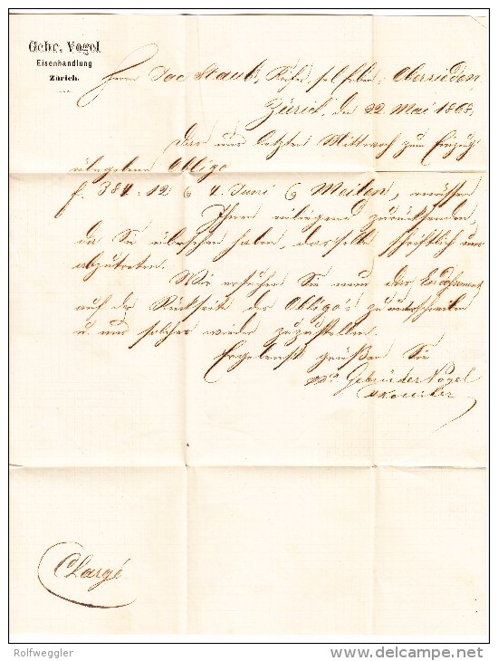 Schweiz 20Rp. Sitzende 22.5.1868 Zürich Chargé Brief Nach Oberrieden Mit Schiff Stempel L.Ufer.Z.S. - Briefe U. Dokumente