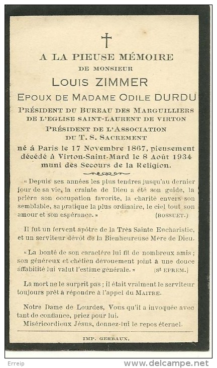 Virton Louis Zimmer Epoux De Odile Durdu President Du Bureau Des Marguilliers Paris 1867 Virton Saint Mard 1934 - Rouvroy