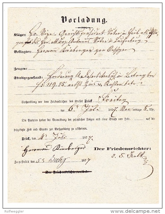 Vorladung Als Chargé Brief Frick 4.7.1877 Mit 20 Und 25Rp Sitzende Helvetia - Lettres & Documents