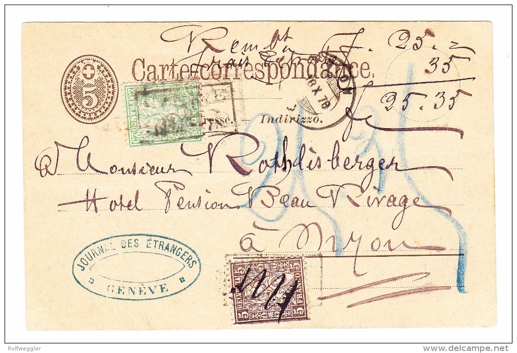 NN 35Rp Postkarte 5Rp Mit 5 Und 25Rp Sitzende Zusatz Aus Genève (Kastenstempel) Nach Nyon 18.10.1878 Ankunft - Briefe U. Dokumente