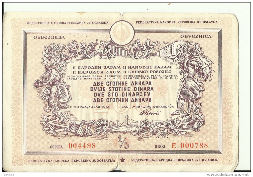 CROATIA / FNR YUGOSLAVIA  --  OBLIGATION  --  OBVEZNICA  -  200 DINARA  - 1950  - BANK OF YUGOSLAVIA,  15,5 Cm X 11 Cm - Bank & Versicherung