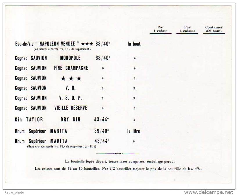 Cognac Sauvion & Cie, Vignobles ( Liste Des Cognac & Rhum Marita Au Verso ) - Publicités