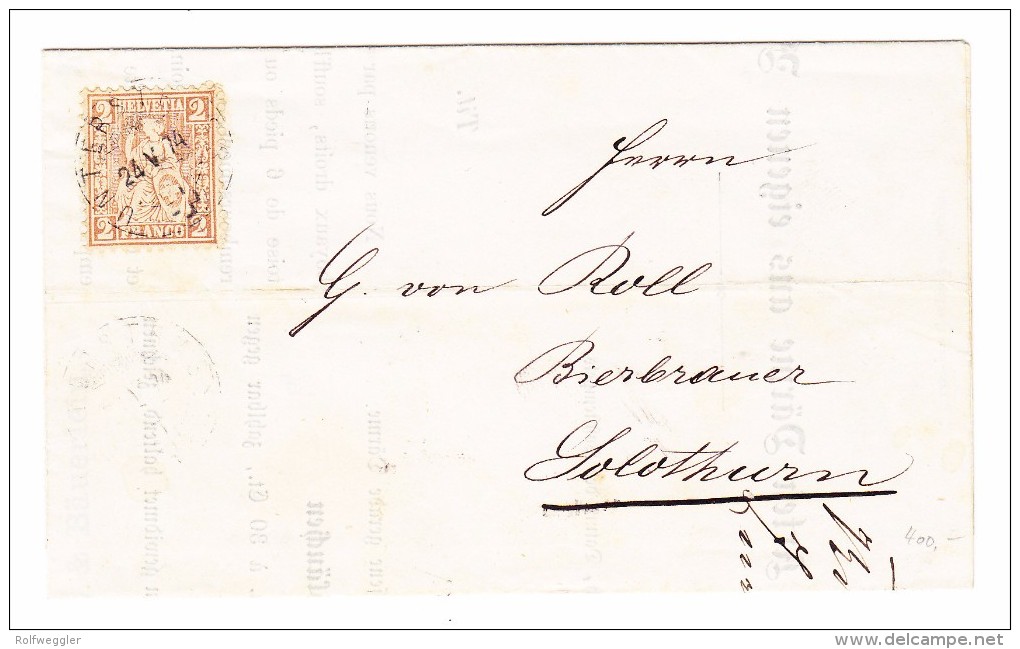 Schweiz Sitzende Helvetia 2Rp Hellrotbraun 24.5.1874 Unterstrass Auf Werbebrief Nach Solothurn - Briefe U. Dokumente