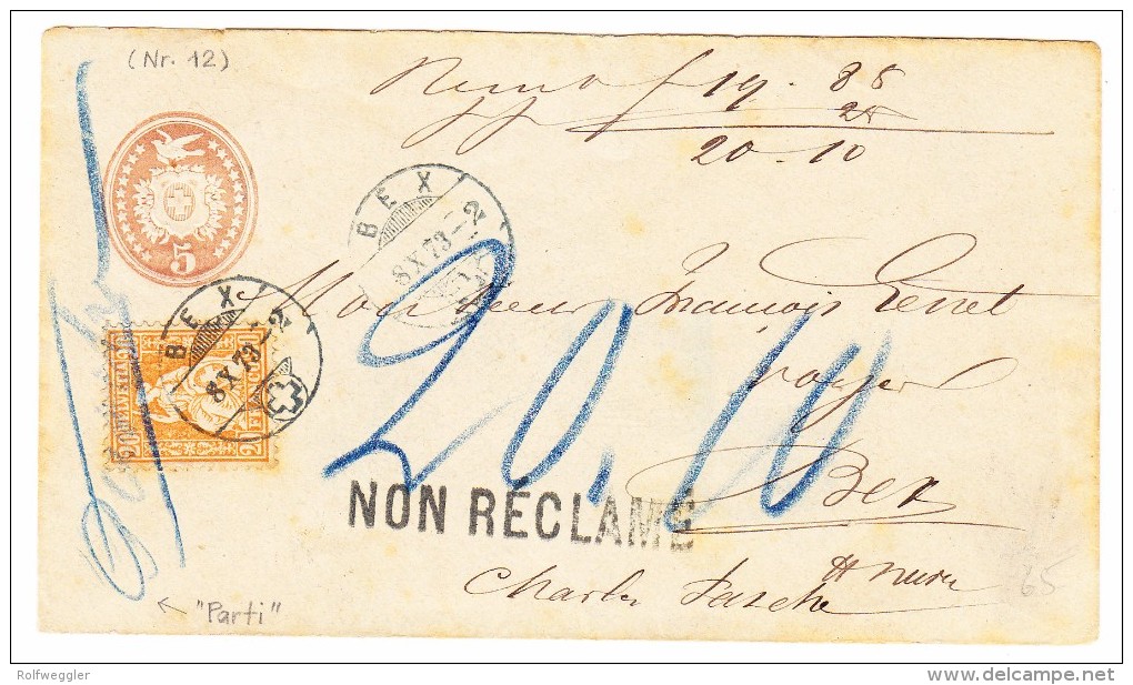Tüblibrief 5Rp Mit 20Rp Sitzende 8.10.1873 Bex Ortsbrief Mit Stempel "non Réclamé" - Lettres & Documents