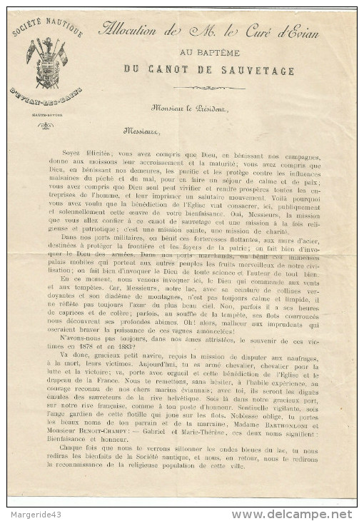 ALLOCUTION DU CURE D'EVIAN AU BAPTEME DU CANOT DE SAUVETAGE DE LA SOCIETE NAUTIQUE D'EVIAN LES BAINS 1894 - Zonder Classificatie