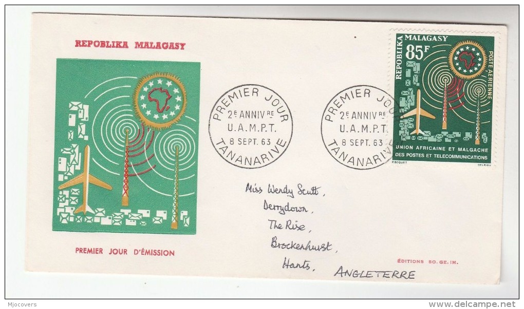 1963 MALAGASY FDC Stamps 85f TELECOM Cover - Telecom