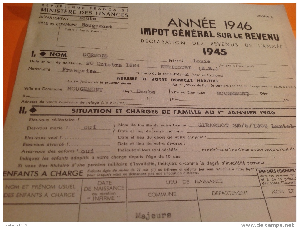 Année 1946 Impôt Général Sur Le Reven 1945 Luxiol Rougemont Hericourt - 1900 – 1949