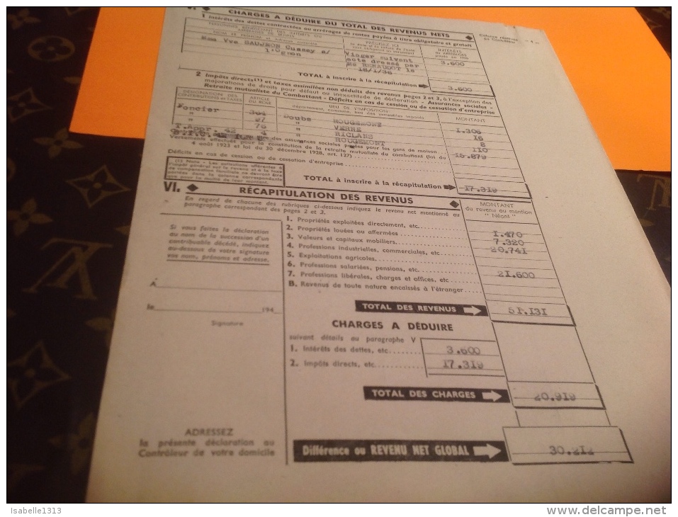 Année 1946 Impôt Général Sur Le Reven 1945 Luxiol Rougemont Hericourt - 1900 – 1949