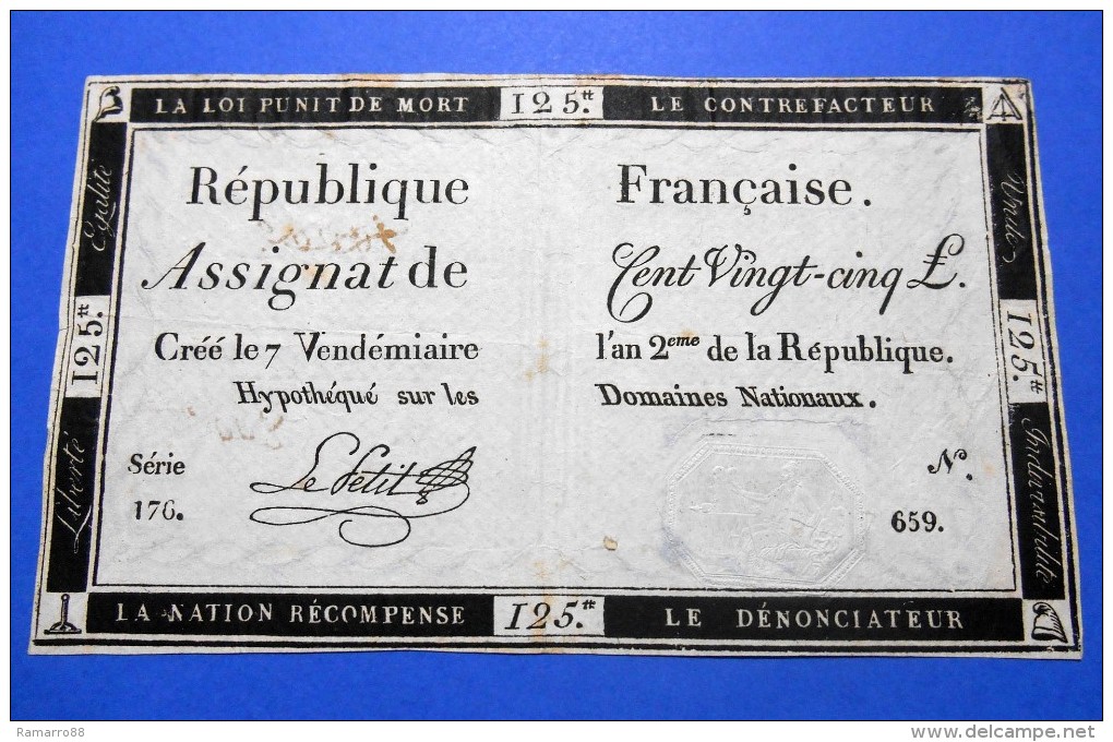 France Assignat 125 Livres 1793 1st Issue Sign. Le Petit - Pick # A74 VF++ - Assegnati