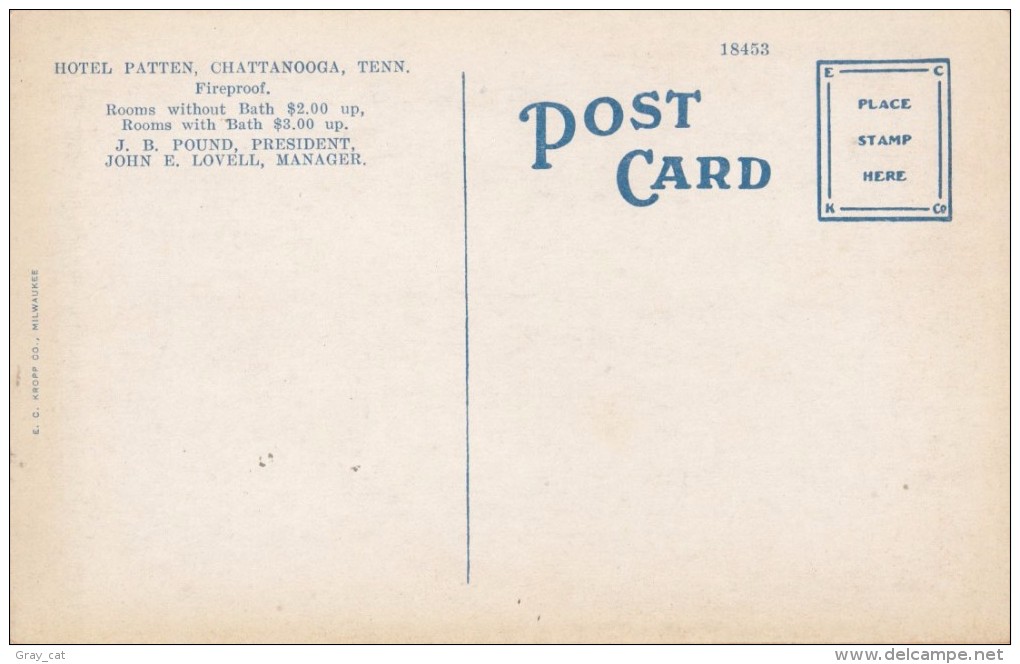 USA, Hotel Patten, Chattanooga, Tenn, 1910s-20s Unused Postcard [16484] - Chattanooga