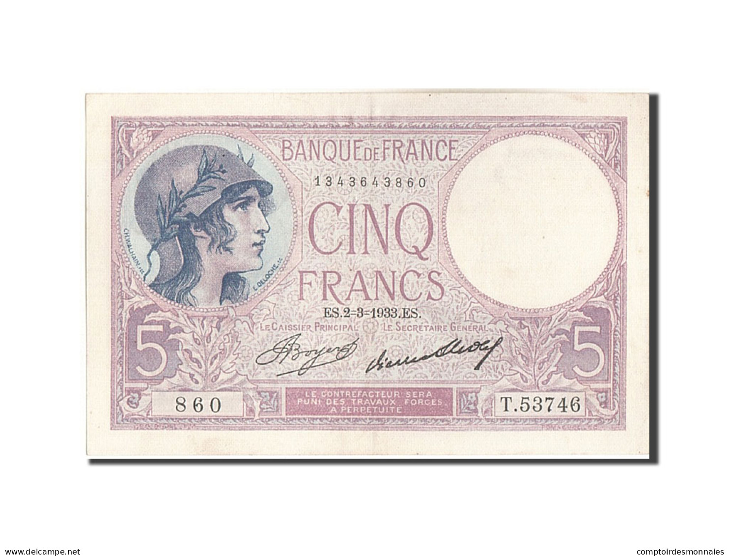 Billet, France, 5 Francs, 5 F 1917-1940 ''Violet'', 1933, 1933-03-02, TTB+ - 5 F 1917-1940 ''Violet''