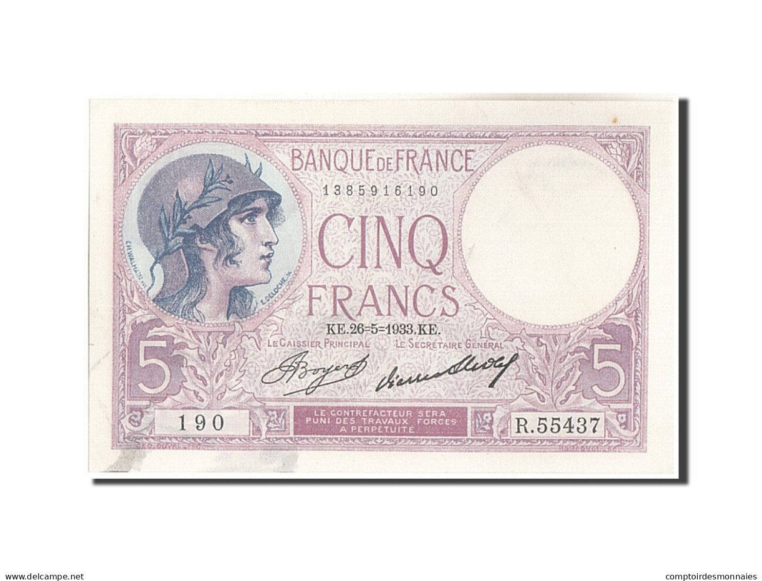 Billet, France, 5 Francs, 5 F 1917-1940 ''Violet'', 1933, 1933-05-26, TTB - 5 F 1917-1940 ''Violet''