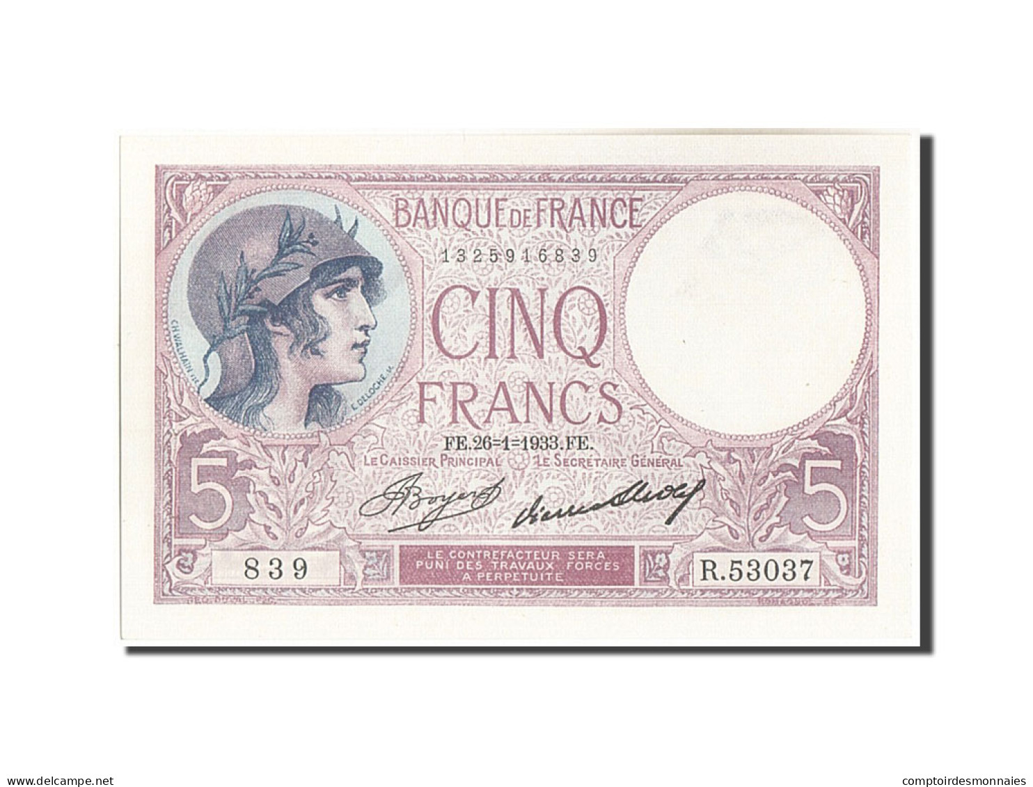 Billet, France, 5 Francs, 5 F 1917-1940 ''Violet'', 1933, 1933-01-26, SPL - 5 F 1917-1940 ''Violet''
