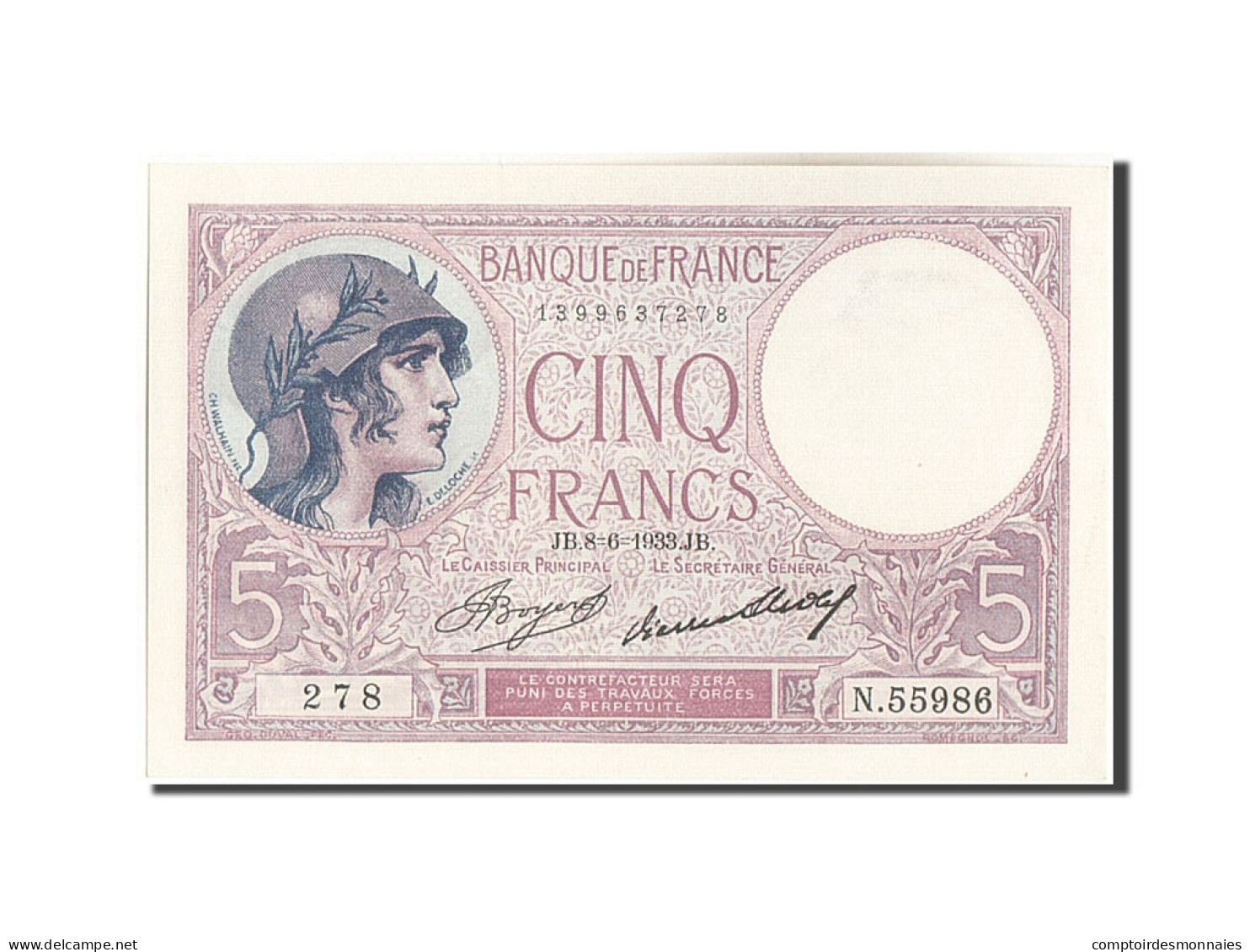 Billet, France, 5 Francs, 5 F 1917-1940 ''Violet'', 1933, 1933-06-08, SPL - 5 F 1917-1940 ''Violet''