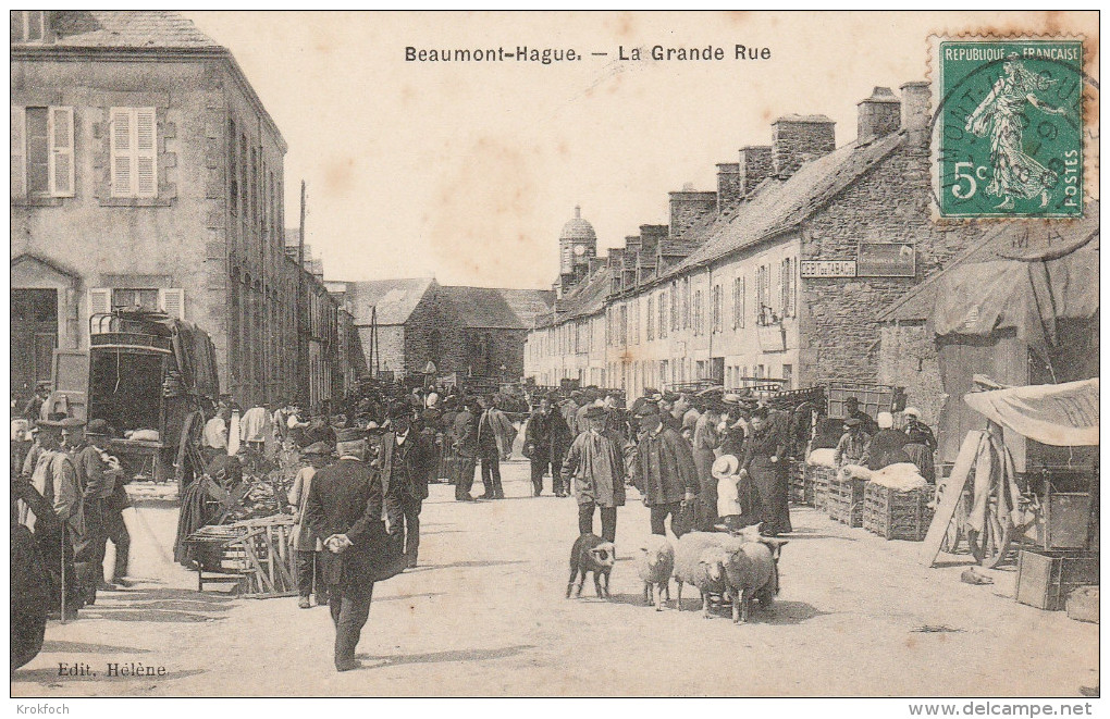 Beaumont Hague 1909 - Grande Rue - Marché - Moutons & Débit De Tabac - Beaumont