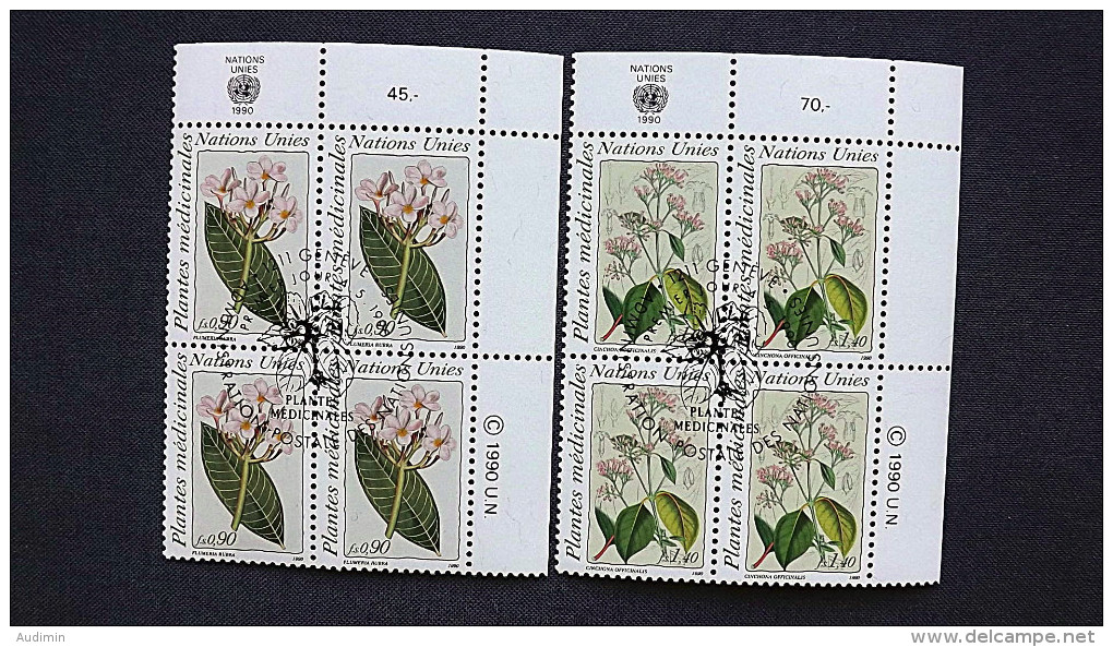 UNO-Genf 186/7 Eckrandviererblock ´B´, Oo/ESST, Ill.aus „The Botanical Magazine“ Von William Curtis, Heilpflanzen - Used Stamps