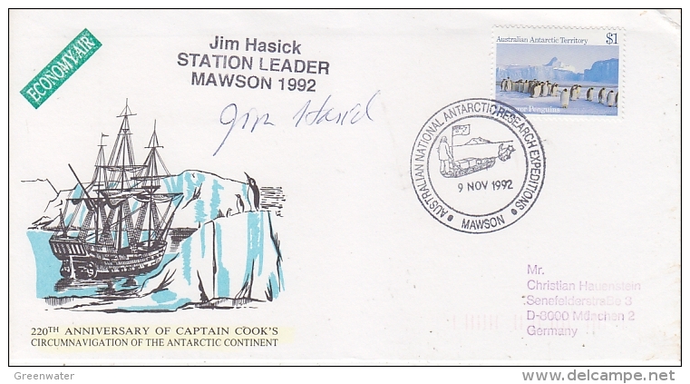 AAT 1992 Australian National Antarctic Research Expeditions Cover Ca Mawson, Signature (26983) - Cartas & Documentos
