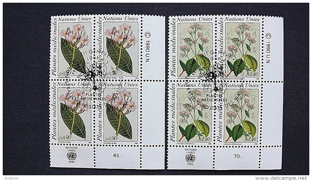 UNO-Genf 186/7 Eckrandviererblock ´D´, Oo/ESST, Ill.aus „The Botanical Magazine“ Von William Curtis, Heilpflanzen - Used Stamps