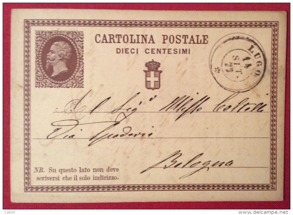 LUGO   ANNULLO DOPPIO CERCHIO  SU INTERO POSTALE N.1 _ PER  BOLOGNA IN DATA 14 SETTEMBRE  1877 - Entiers Postaux