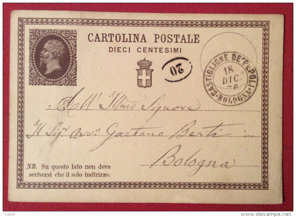 CASTIGLIONE DE' PEPOLI BOLOGNA ANNULLO DOPPIO CERCHIO  SU INTERO POSTALE N.1 _ PER  BOLOGNA IN DATA 18 DICEMBRE 1876 - Entiers Postaux