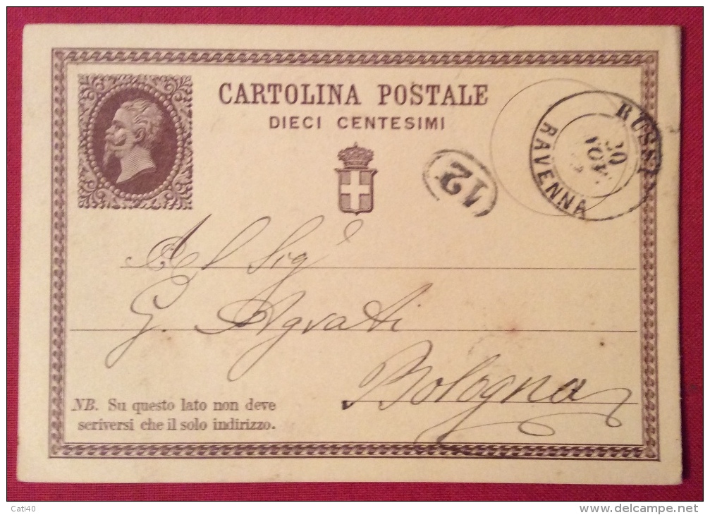 RUSSI RAVENNA  ANNULLO DOPPIO CERCHIO  SU INTERO POSTALE N.1 _ PER  BOLOGNA IN DATA  20 NOVEMBRE 1877 - Entero Postal