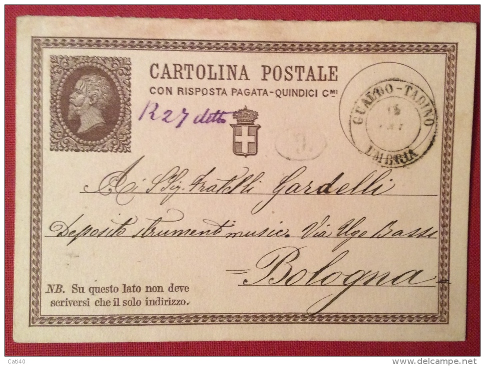 GUALDO - TADINO UMBRIA  DOPPIO CERCHIO  SU INTERO POSTALE N.2  PER  BOLOGNA IN DATA  18 SETTEMBRE 1874 - Entiers Postaux