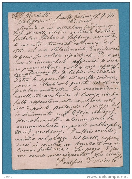 GUALDO - TADINO UMBRIA  DOPPIO CERCHIO  SU INTERO POSTALE N.2  PER  BOLOGNA IN DATA  18 SETTEMBRE 1874 - Entiers Postaux