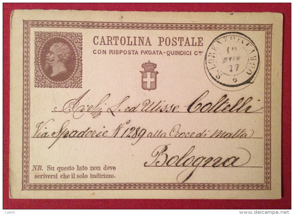 S.LORENZO IN CAMPO DOPPIO CERCHIO   SU INTERO POSTALE N.2  PER  BOLOGNA IN DATA  9 NOVEMBRE 1877 - Entiers Postaux