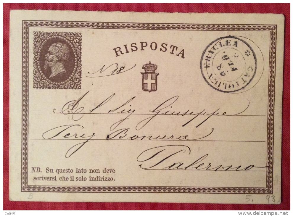 CATTOLICA ERACLEA   DOPPIO CERCHIO   SU INTERO POSTALE N.2 RISPOSTA  PER  PALERMO IN DATA  28 FEBBRAIO  1878 - Entero Postal