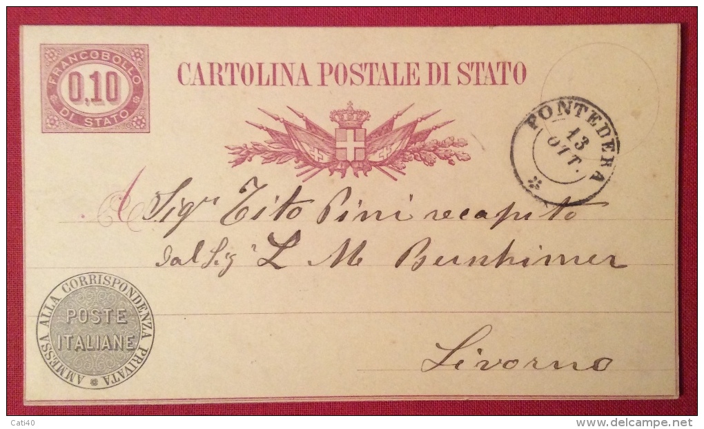 PONTEDERA  ANNULLO DOPPIO CERCHIO  SU INTERO POSTALE - 1878 - Entiers Postaux