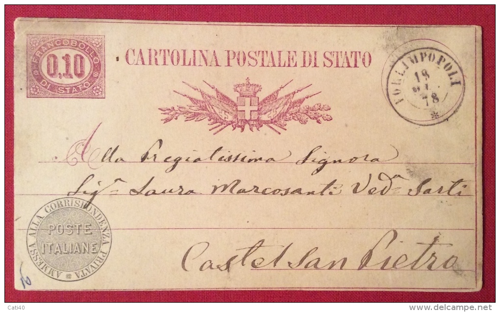 FORLIMPOPOLI  ANNULLO DOPPIO CERCHIO   SU INTERO POSTALE - 1878 - Interi Postali