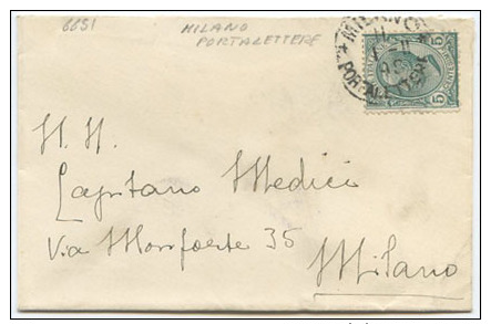 1908 BUSTINA PER BIGLIETTO VISITA CON LEONI C. 5 ISOLATO ANNULLO NON COMUNE MILANO PORTALETTERE 1.2.08 (6651) - Storia Postale