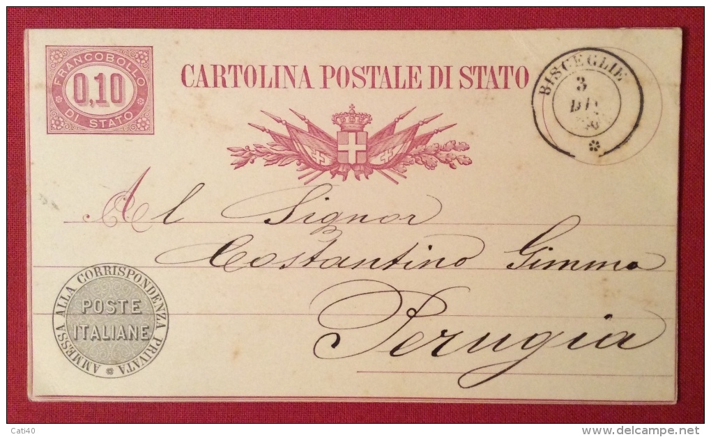 BISCEGLIE  ANNULLO DOPPIO CERCHIO  SU INTERO POSTALE - 1877 - Entero Postal