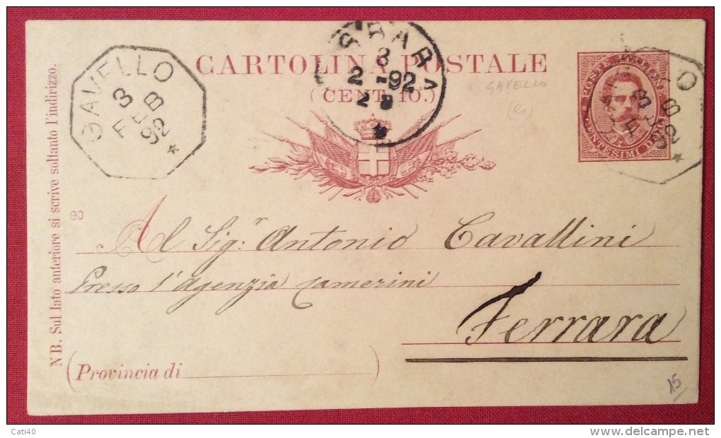 GAVELLO  Collettoria  SU INTERO POSTALE - 1892 - Entiers Postaux