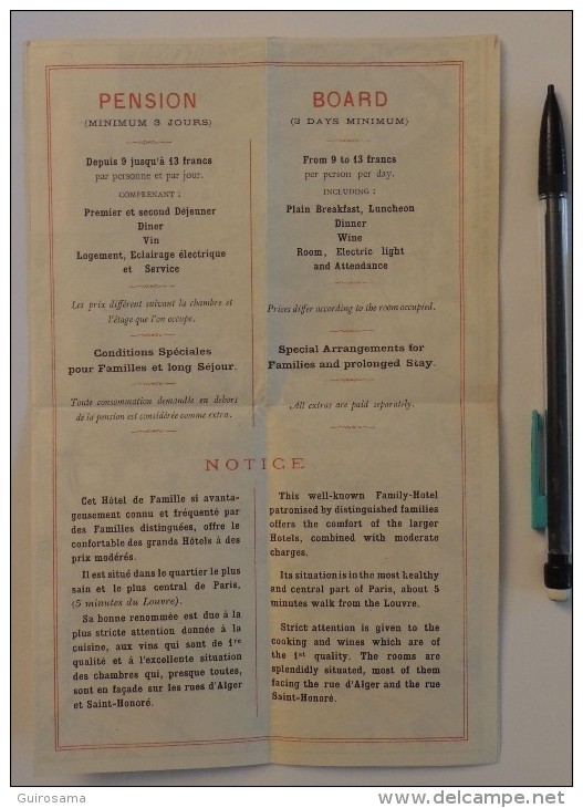 Publicité Pour L’hôtel D’Oxford Et De Cambridge 13 Rue D’Alger à Paris - Plan De Paris Et Tarifs - Français-anglais - Deportes & Turismo