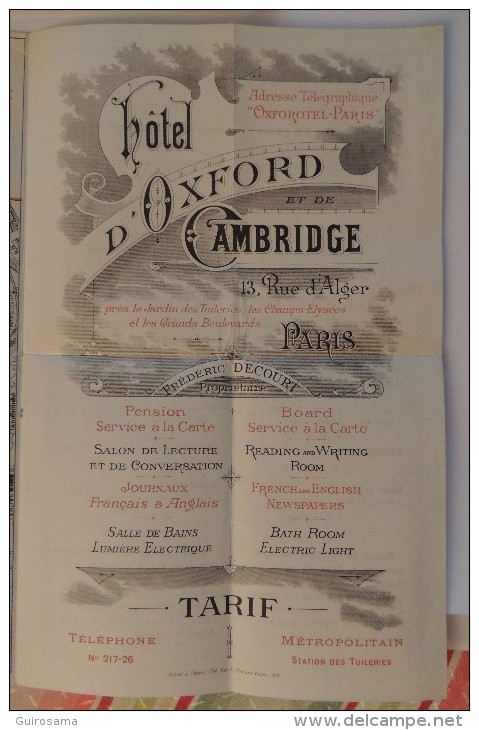 Publicité Pour L’hôtel D’Oxford Et De Cambridge 13 Rue D’Alger à Paris - Plan De Paris Et Tarifs - Français-anglais - Sport En Toerisme