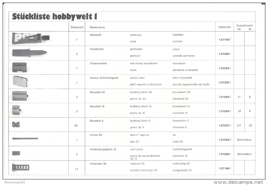 FISCHERTECHNIK - LISTE DE PIECES - Dépliant En Quadrilignue (Anglais, Allemand, Français Et Italien) - Fischertechnik